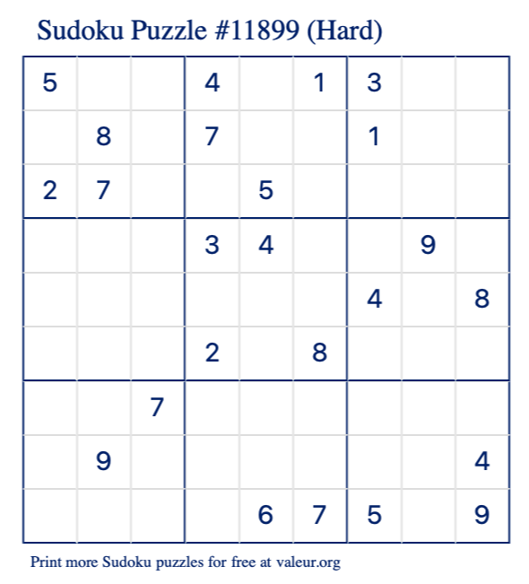 Free Printable Hard Sudoku Puzzle number 11899