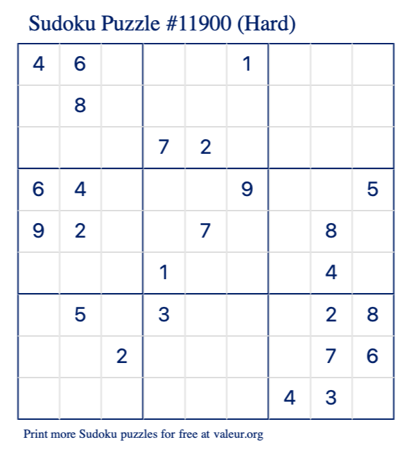 Free Printable Hard Sudoku Puzzle number 11900