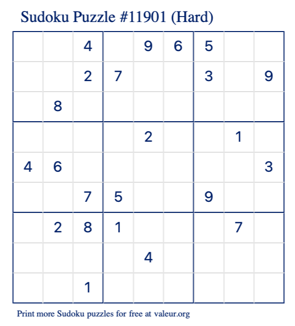 Free Printable Hard Sudoku Puzzle number 11901