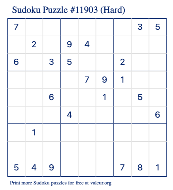 Free Printable Hard Sudoku Puzzle number 11903