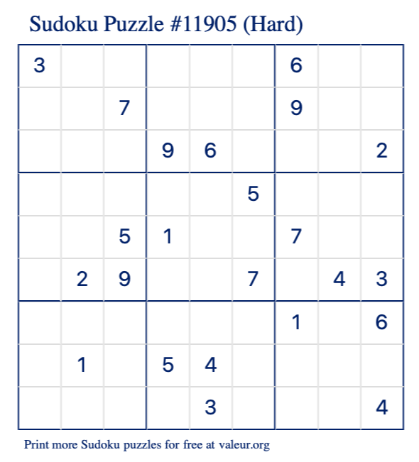 Free Printable Hard Sudoku Puzzle number 11905