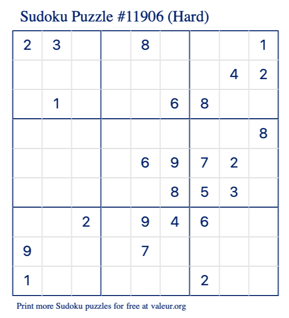 Free Printable Hard Sudoku Puzzle number 11906