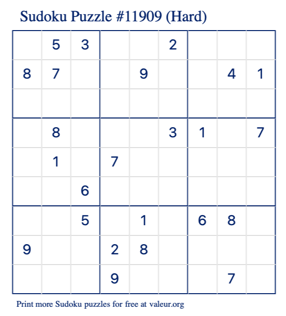 Free Printable Hard Sudoku Puzzle number 11909