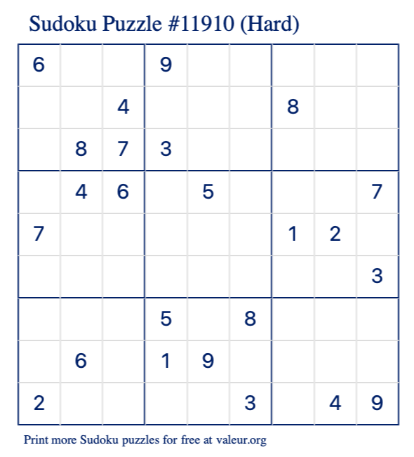 Free Printable Hard Sudoku Puzzle number 11910
