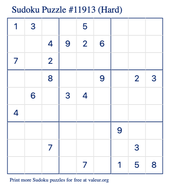 Free Printable Hard Sudoku Puzzle number 11913