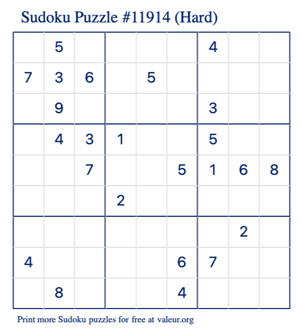 Free Printable Hard Sudoku Puzzle number 11914