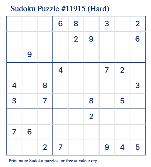 Free Printable Hard Sudoku Puzzle number 11915