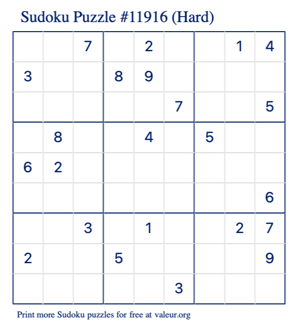 Free Printable Hard Sudoku Puzzle number 11916