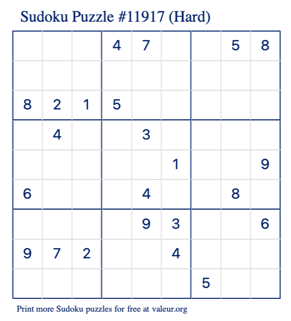 Free Printable Hard Sudoku Puzzle number 11917