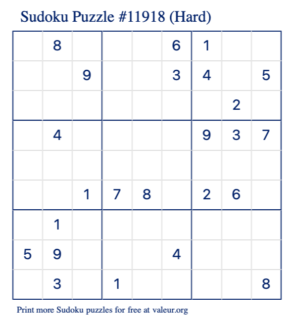 Free Printable Hard Sudoku Puzzle number 11918