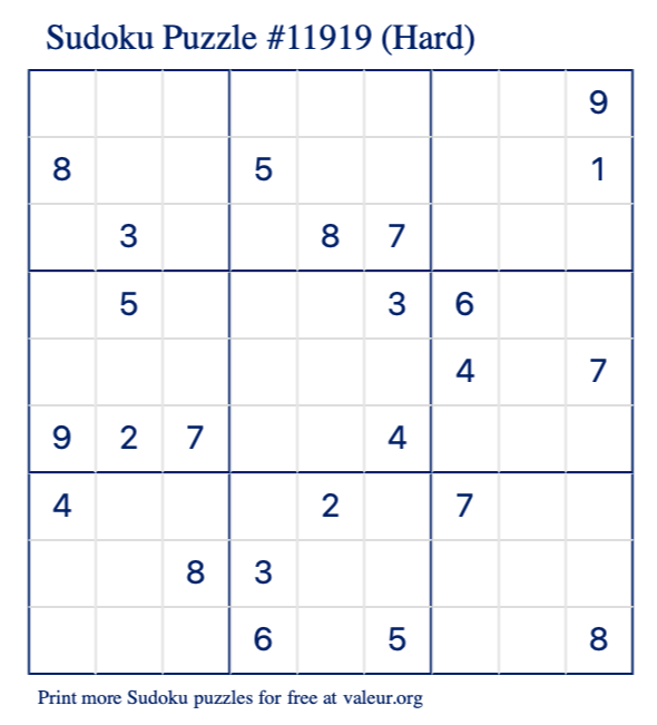 Free Printable Hard Sudoku Puzzle number 11919