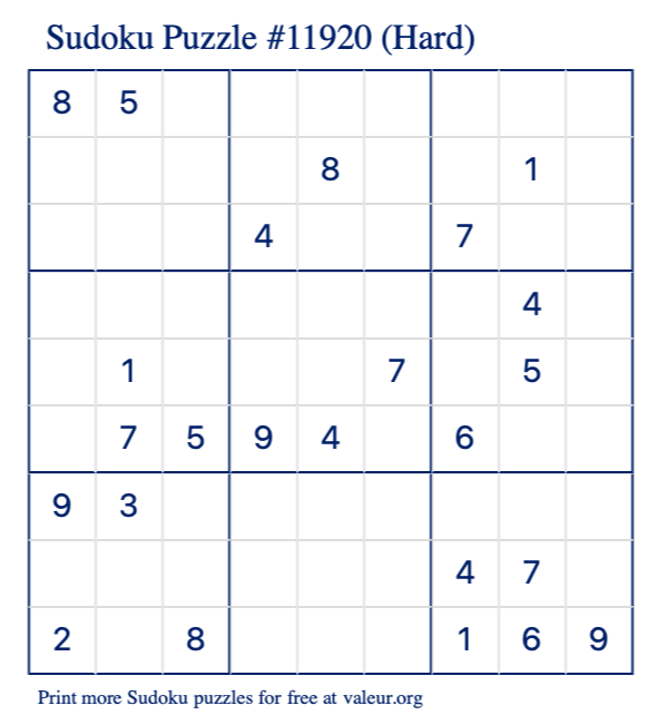 Free Printable Hard Sudoku Puzzle number 11920