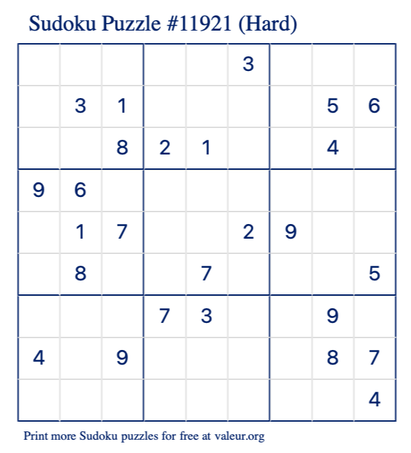 Free Printable Hard Sudoku Puzzle number 11921