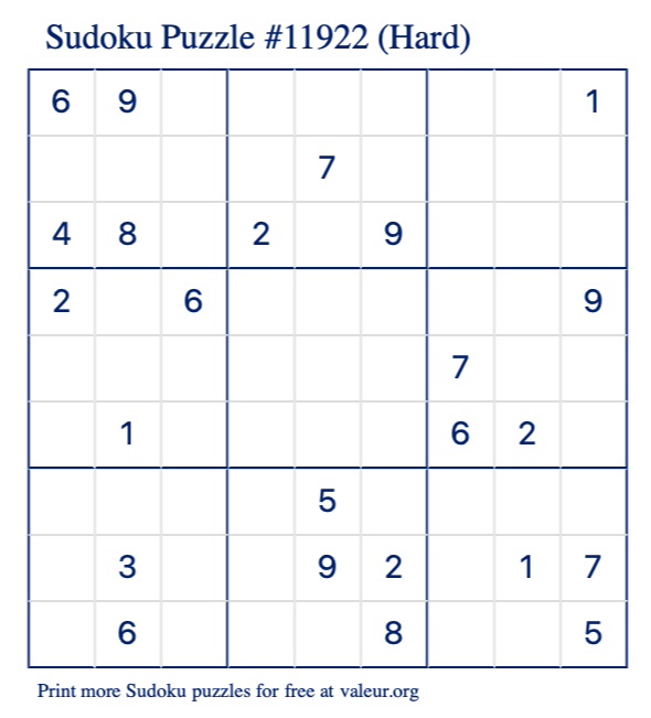 Free Printable Hard Sudoku Puzzle number 11922