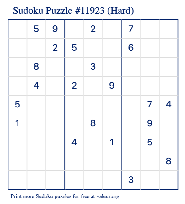 Free Printable Hard Sudoku Puzzle number 11923