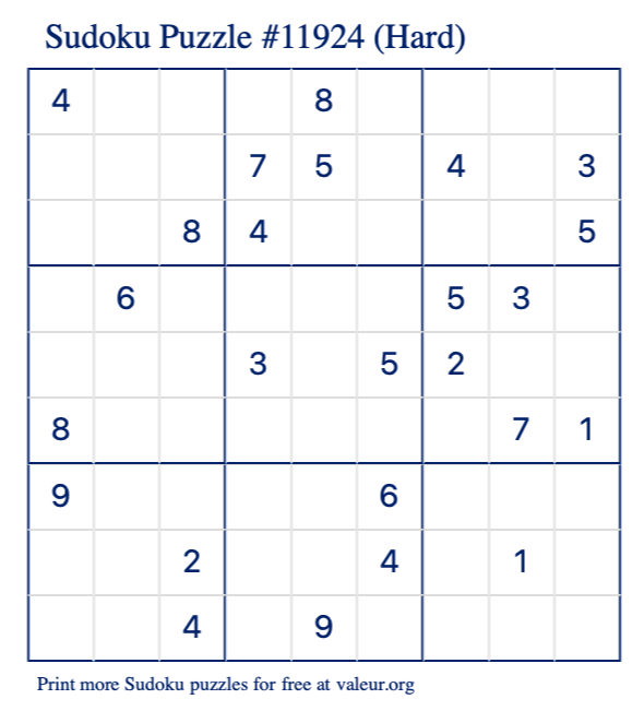 Free Printable Hard Sudoku Puzzle number 11924
