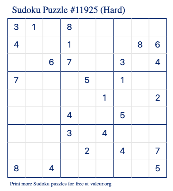 Free Printable Hard Sudoku Puzzle number 11925