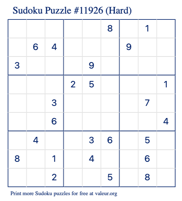 Free Printable Hard Sudoku Puzzle number 11926