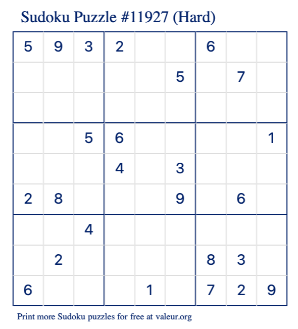 Free Printable Hard Sudoku Puzzle number 11927