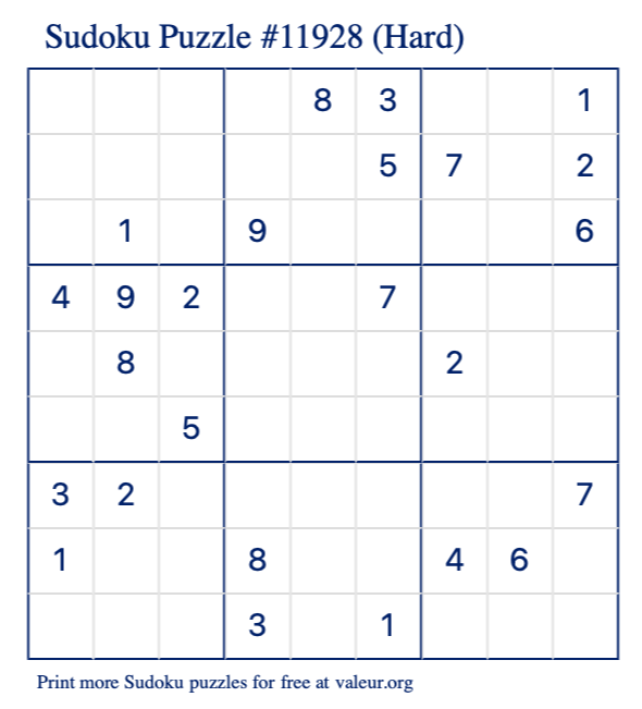 Free Printable Hard Sudoku Puzzle number 11928