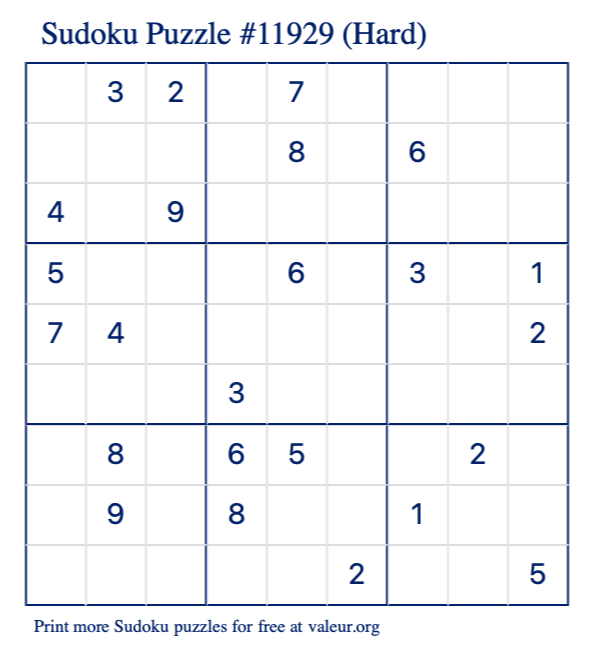 Free Printable Hard Sudoku Puzzle number 11929