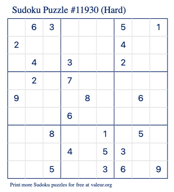 Free Printable Hard Sudoku Puzzle number 11930