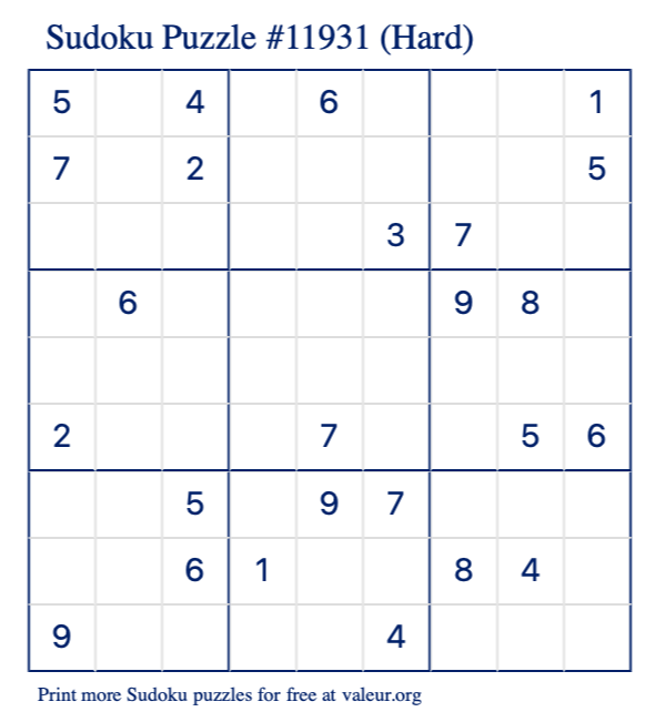 Free Printable Hard Sudoku Puzzle number 11931