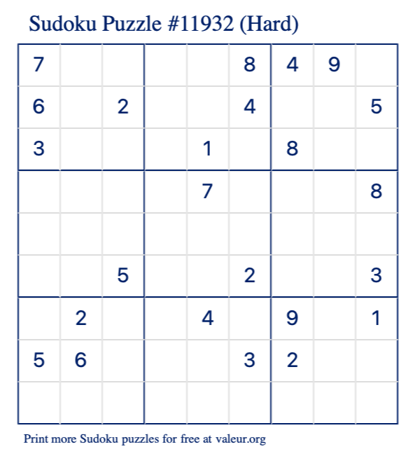 Free Printable Hard Sudoku Puzzle number 11932