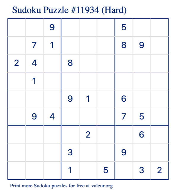 Free Printable Hard Sudoku Puzzle number 11934