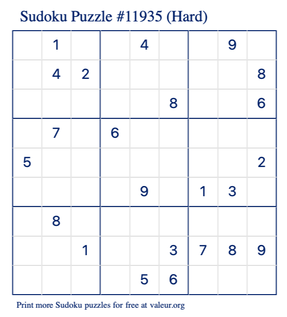 Free Printable Hard Sudoku Puzzle number 11935