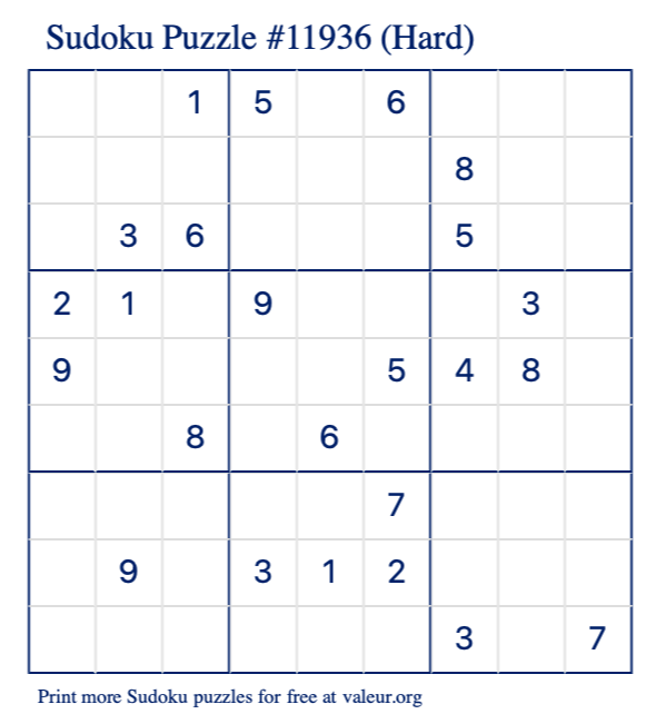 Free Printable Hard Sudoku Puzzle number 11936