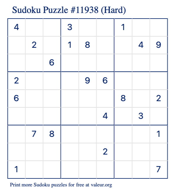 Free Printable Hard Sudoku Puzzle number 11938