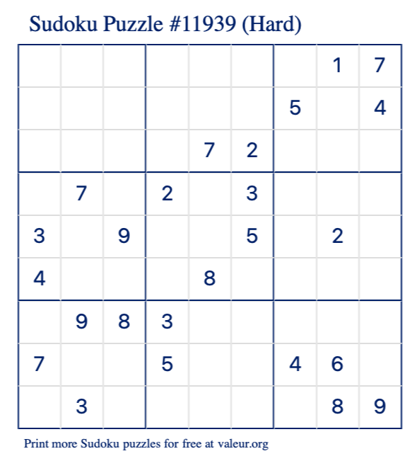 Free Printable Hard Sudoku Puzzle number 11939