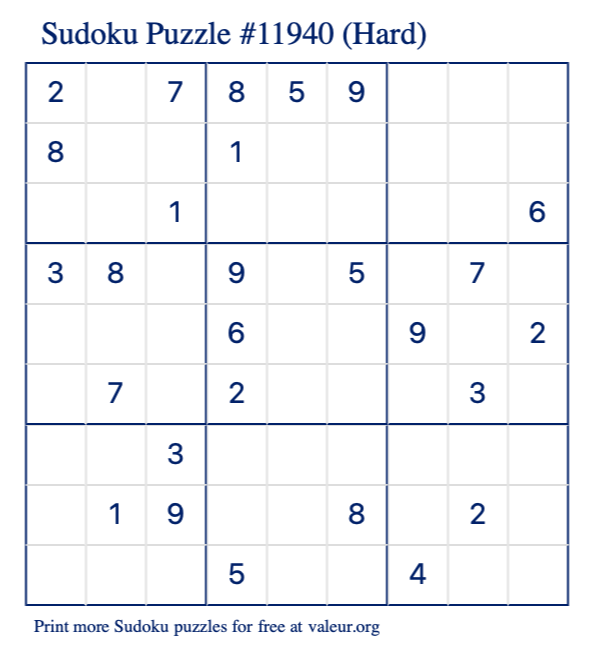 Free Printable Hard Sudoku Puzzle number 11940