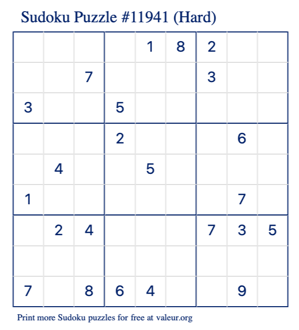 Free Printable Hard Sudoku Puzzle number 11941