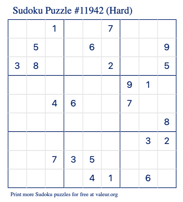 Free Printable Hard Sudoku Puzzle number 11942