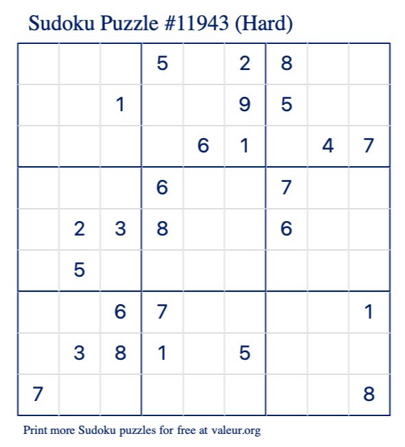 Free Printable Hard Sudoku Puzzle number 11943