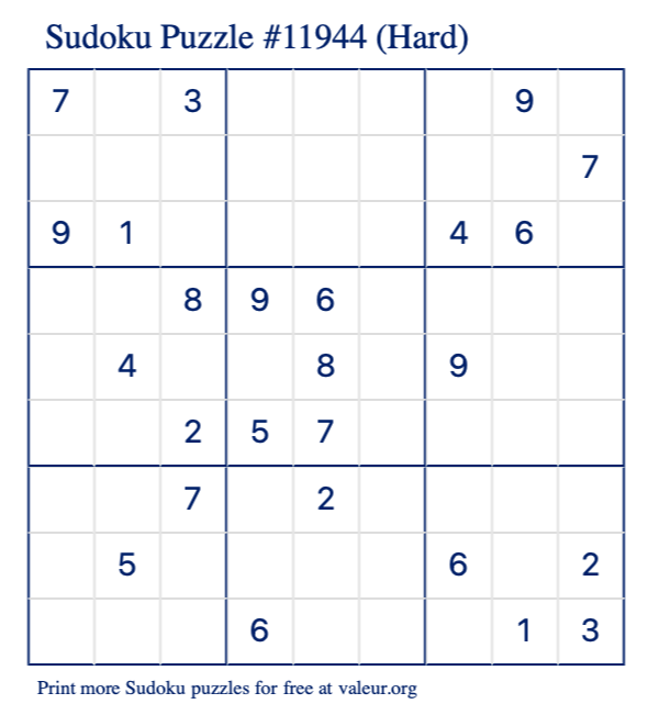 Free Printable Hard Sudoku Puzzle number 11944