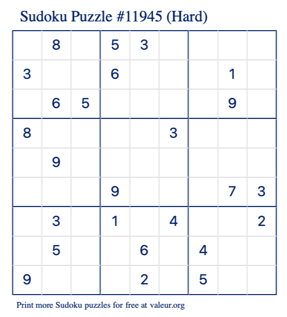 Free Printable Hard Sudoku Puzzle number 11945