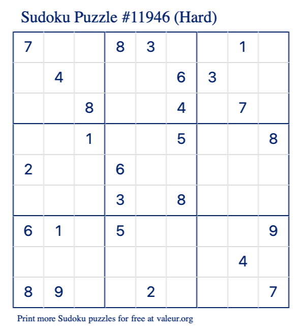 Free Printable Hard Sudoku Puzzle number 11946