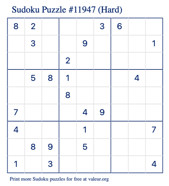 Free Printable Hard Sudoku Puzzle number 11947