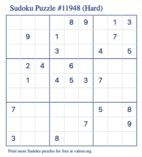 Free Printable Hard Sudoku Puzzle number 11948