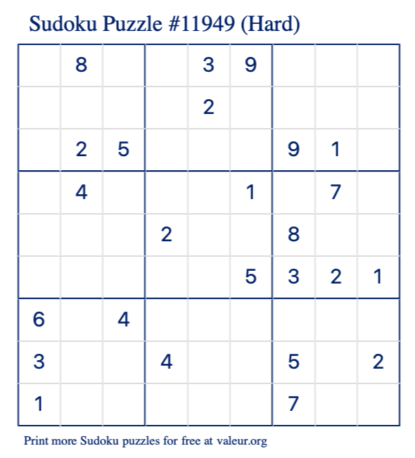 Free Printable Hard Sudoku Puzzle number 11949