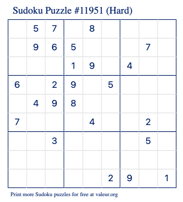 Free Printable Hard Sudoku Puzzle number 11951