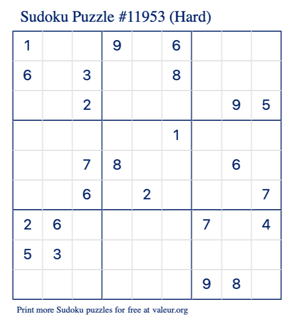 Free Printable Hard Sudoku Puzzle number 11953
