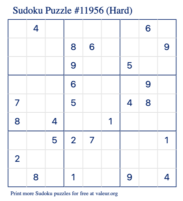 Free Printable Hard Sudoku Puzzle number 11956