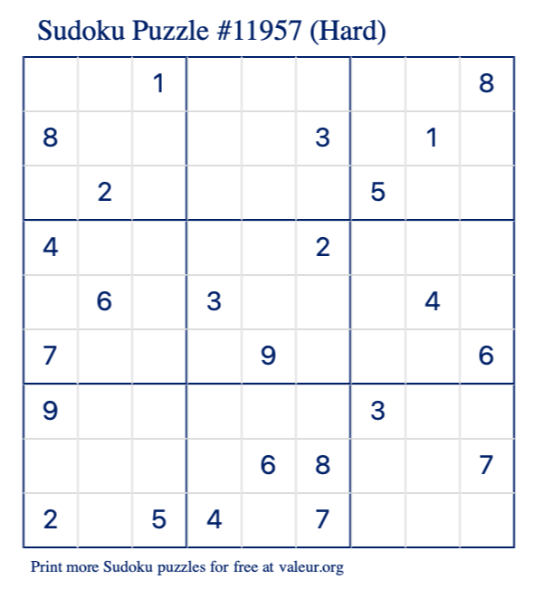 Free Printable Hard Sudoku Puzzle number 11957