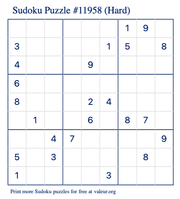Free Printable Hard Sudoku Puzzle number 11958