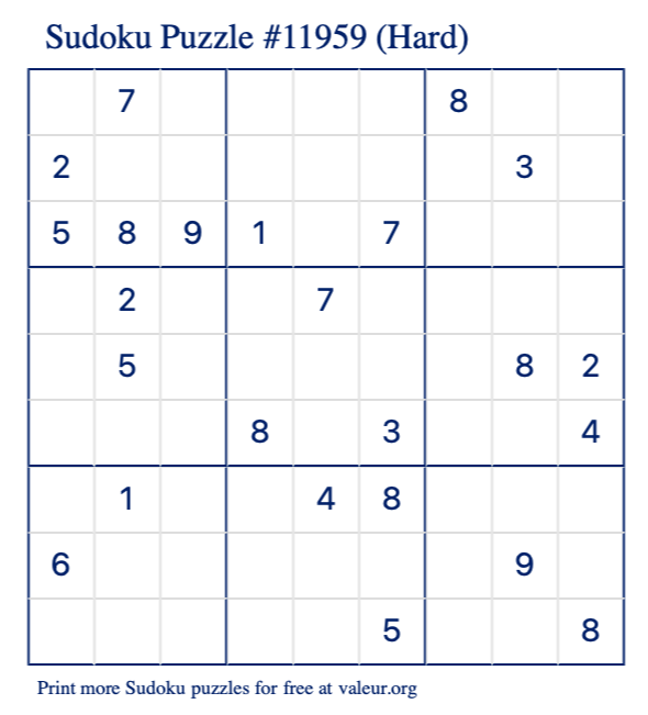 Free Printable Hard Sudoku Puzzle number 11959