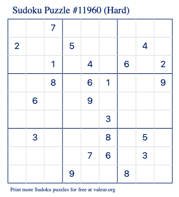 Free Printable Hard Sudoku Puzzle number 11960